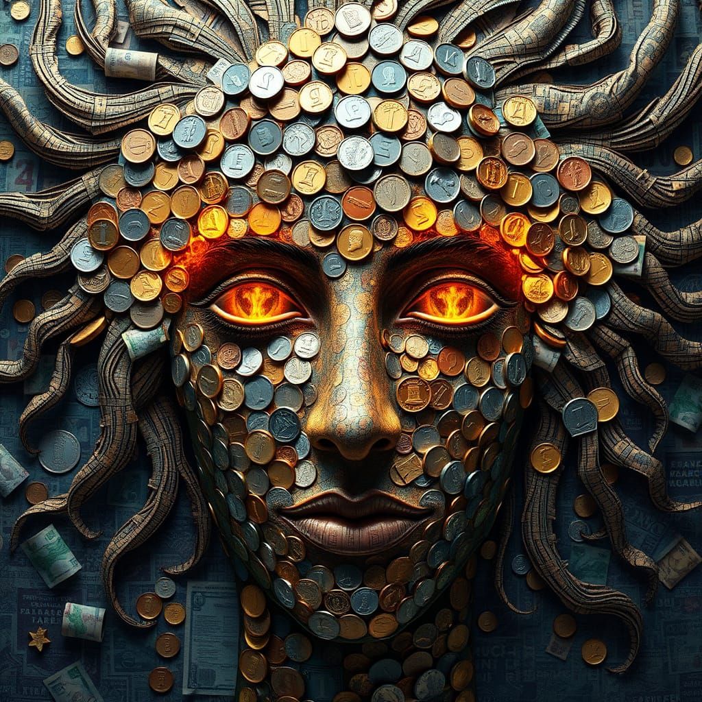 Surreal Face Mosaic of World Coins with Molten Gold Eyes
