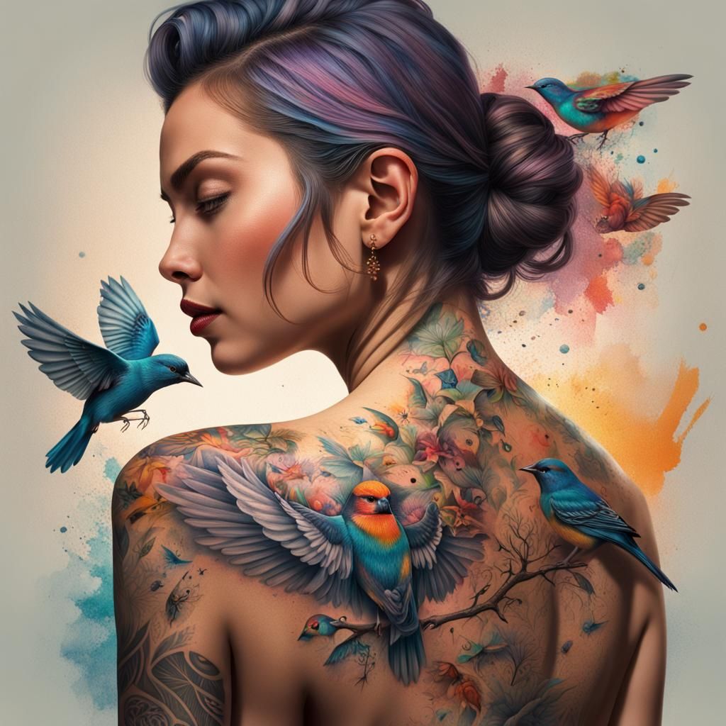 Woman with Bird Tattoos: Hyperrealistic Splash Art