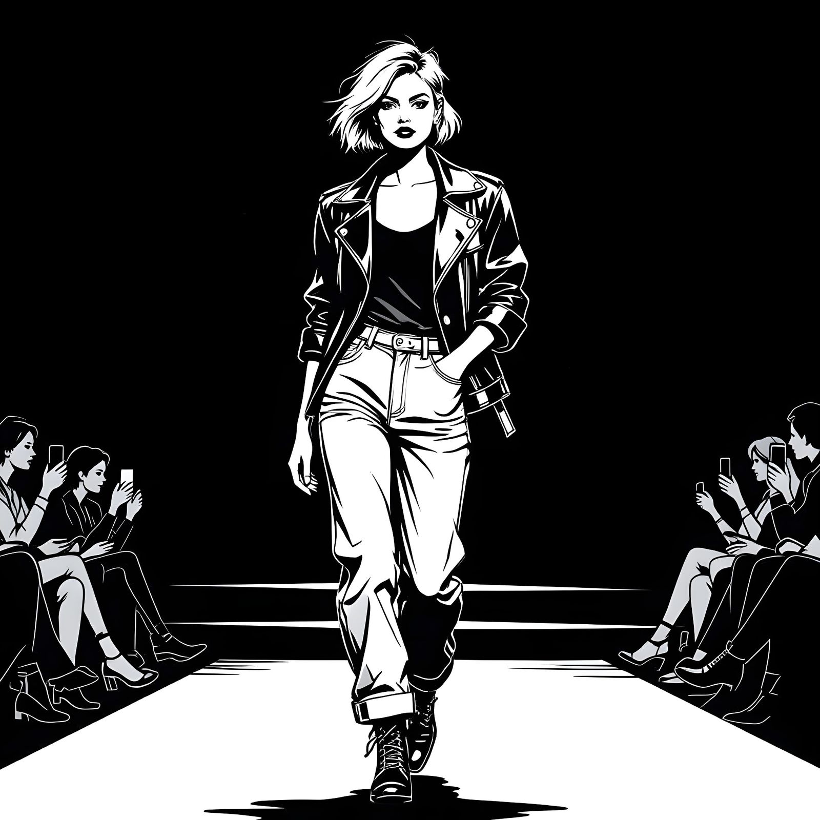 90s Fashion Model on Stage in Line Art Style