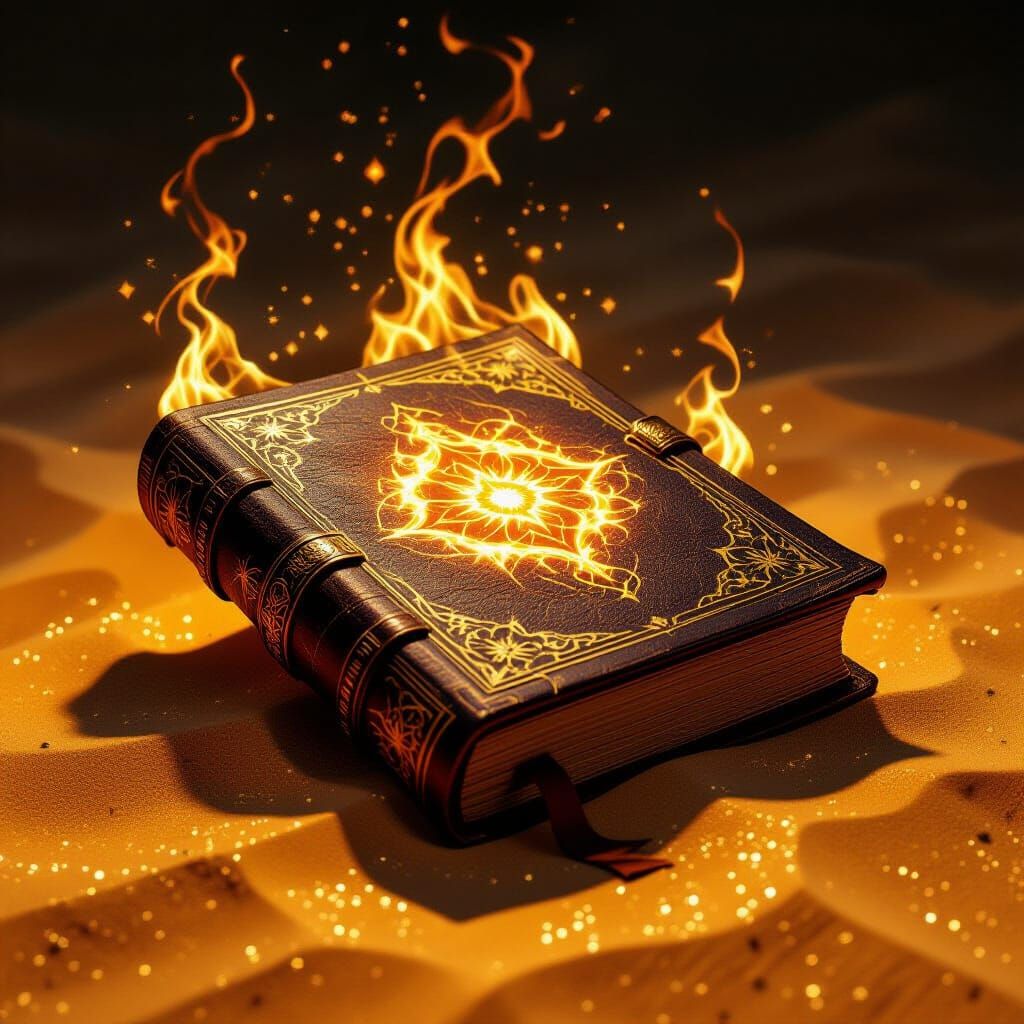 Ancient Spellbook Floating Over Golden Sand with Fire Symbol...