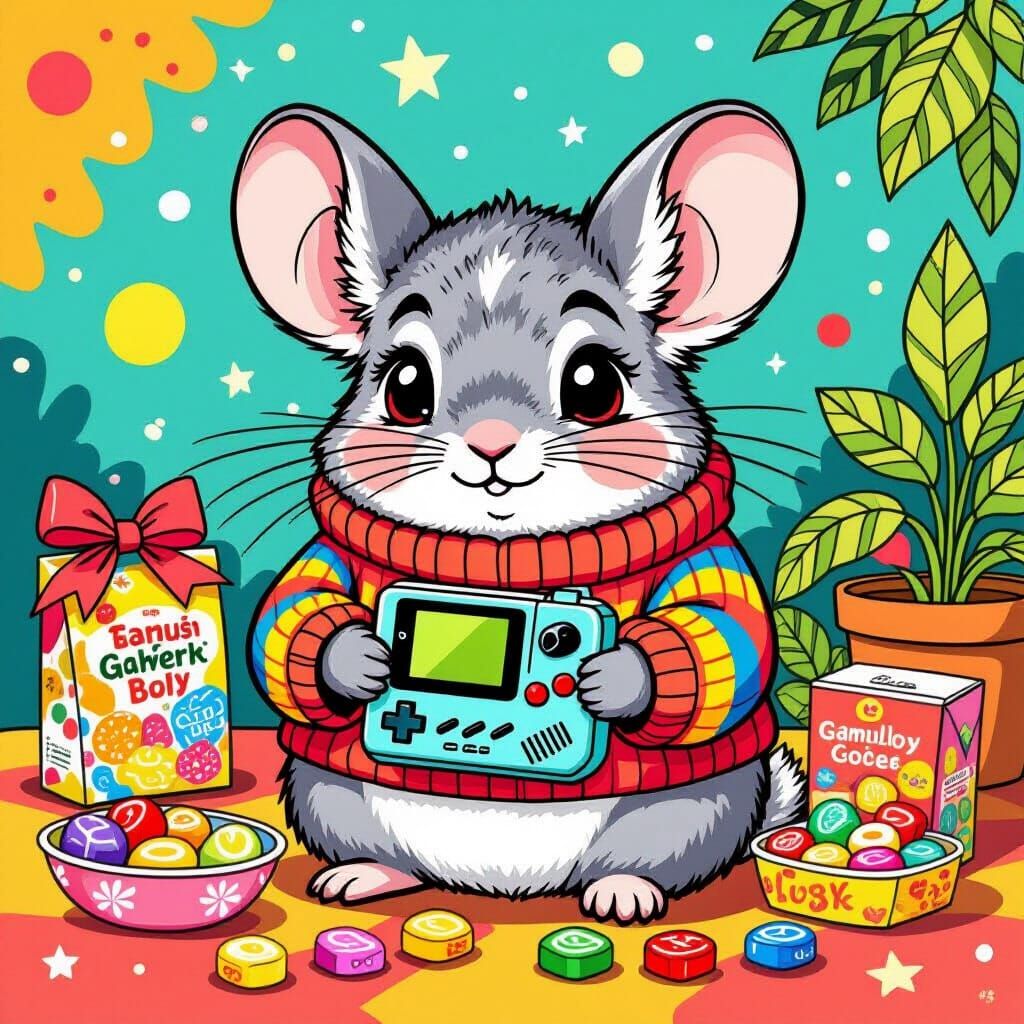 Chinchilla Gameboy Gamer in Whimsical Style