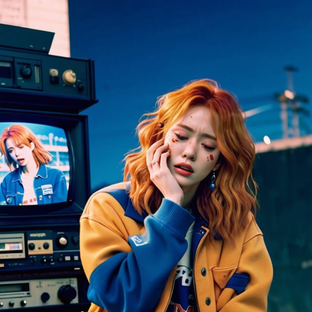 Ethereal VHS Nostalgia: A Young Woman's Tearful Reflection