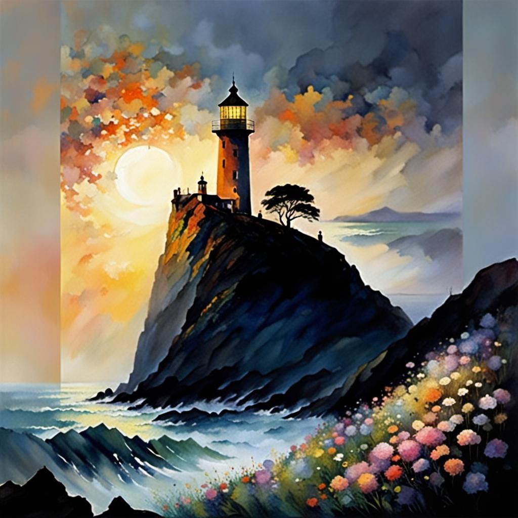 Lighthouse on Flowering Cliff at Sunset