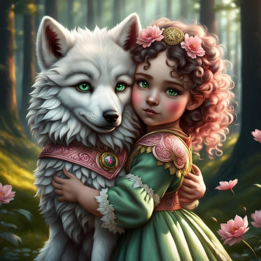 Bulgarian Girl Hugging Wolves, Detailed Matte Painting