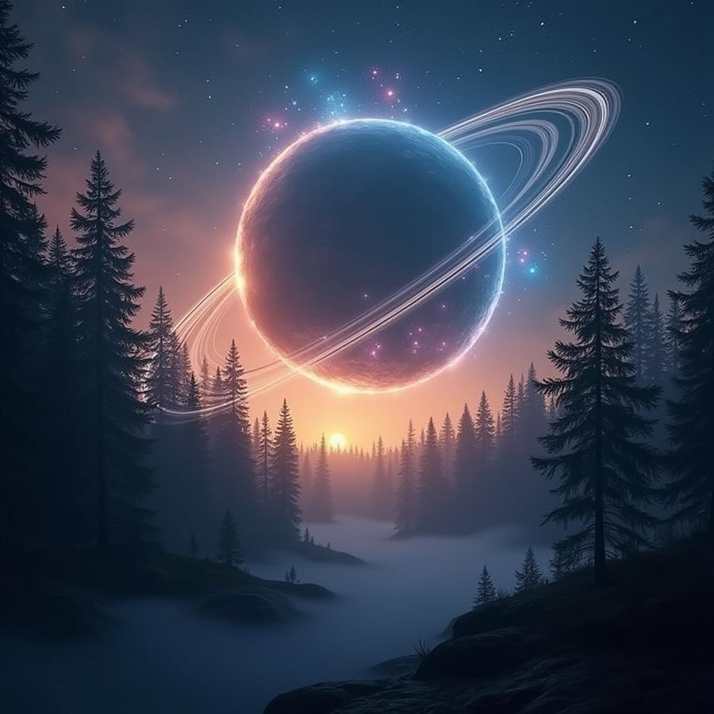 Saturn's Eye Storm Above Mystical Forest, Digital Art