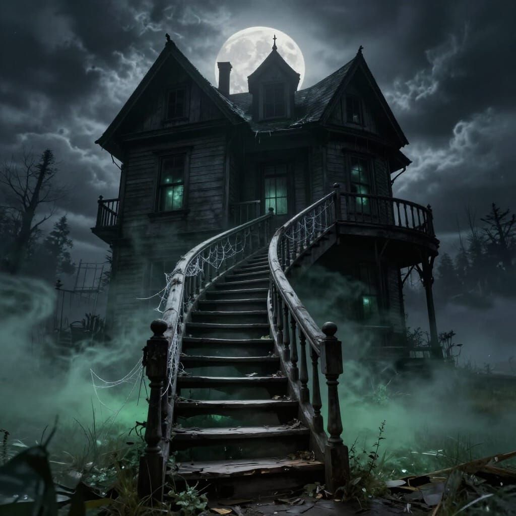 Haunted House Staircase Under Stormy Moonlit Sky