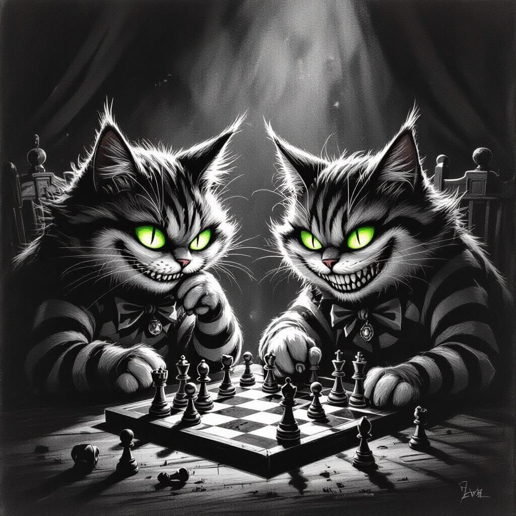 Mischievous Cheshire Cats Play Chess in Dramatic Light