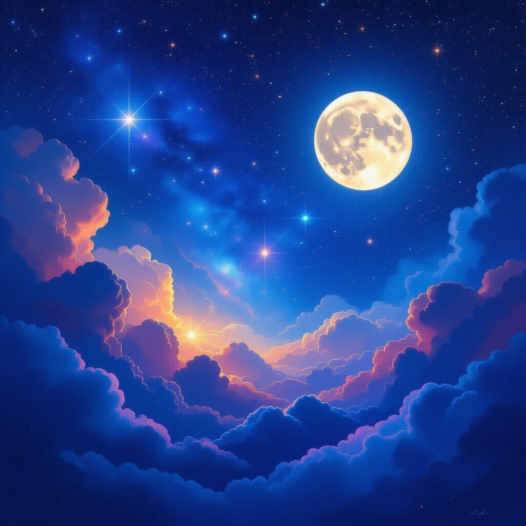 Vibrant Cosmic Night Sky with Full Moon and Nebulae