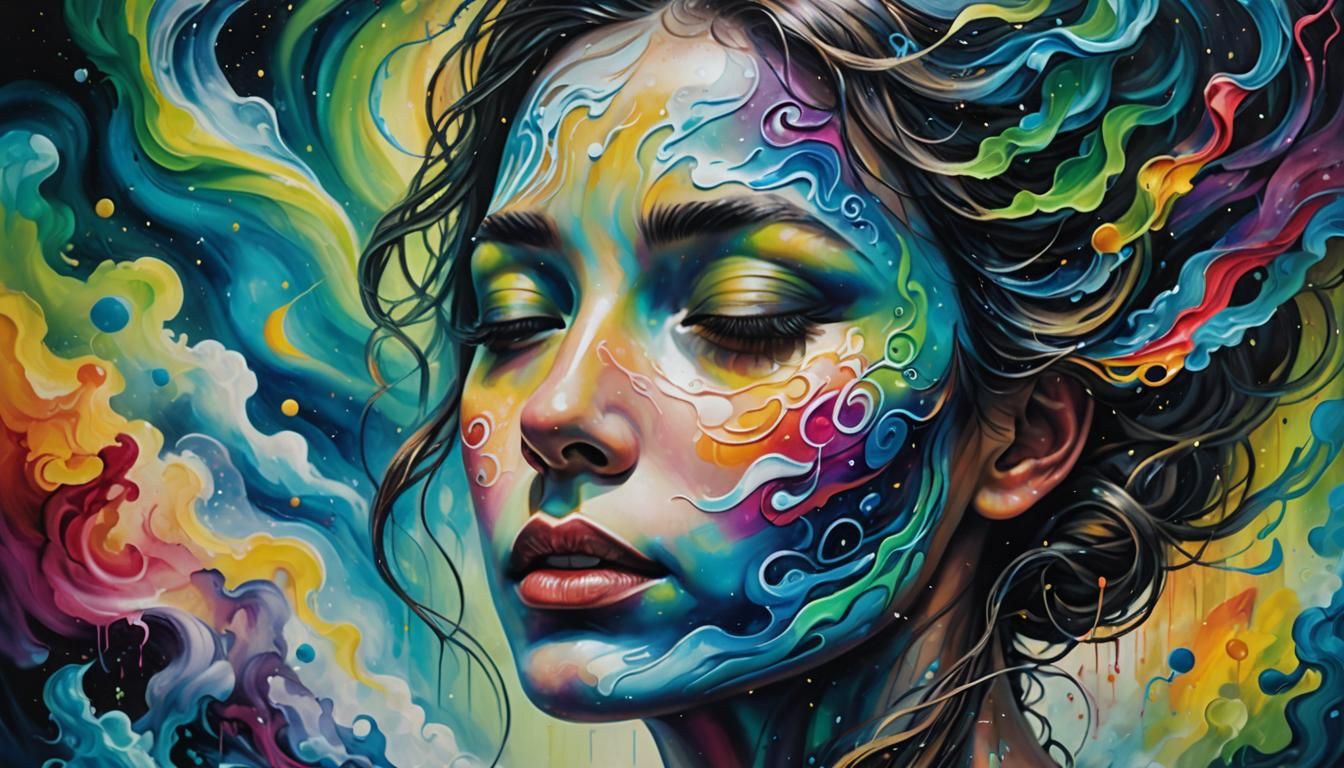 Surreal Face Floating in Aurora Mist: Oil Painting