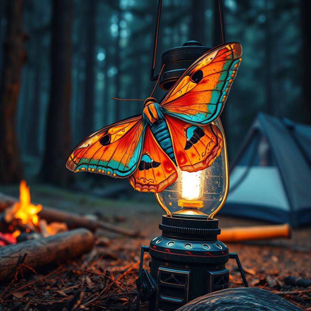 Vibrant Moth on Lantern in Alcohol Ink Style
