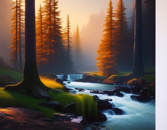 Hyperrealistic Mountain Forest at Sunrise in HDR