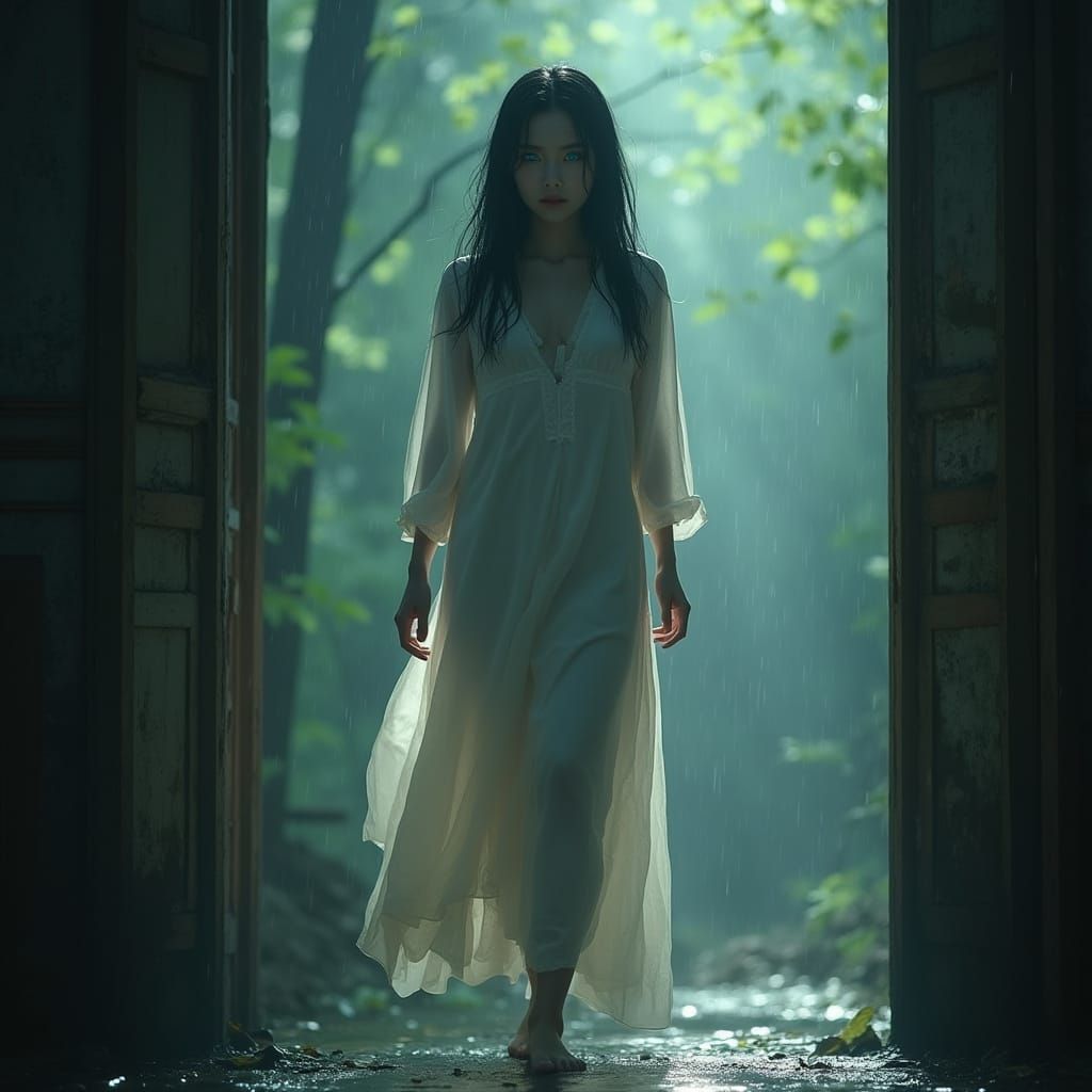 Eerie Ghost Woman in Flooded Old House