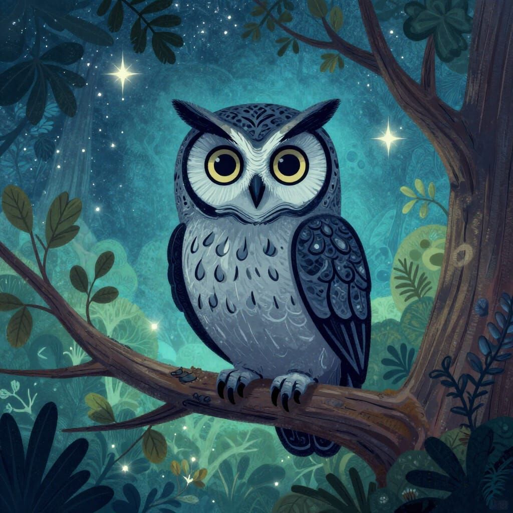 Fairytale Owl Illustration with Dark Outlines