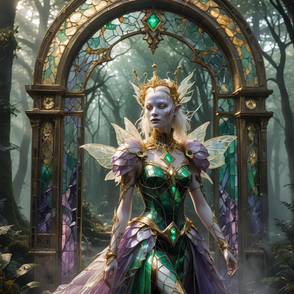 Biomechanical Fairy with Stained Glass Dress in Sci-Fi Fores...