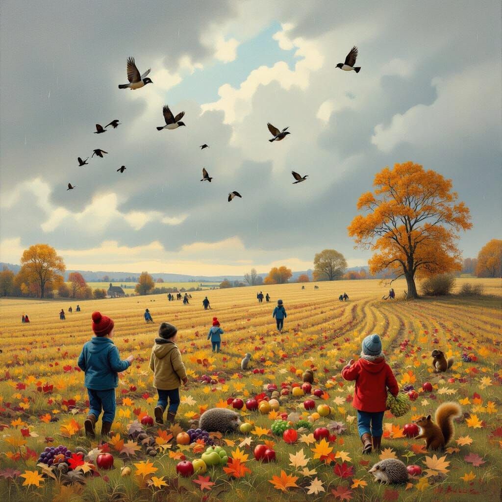 Autumn Landscape Oil Painting with Migratory Birds and Child...