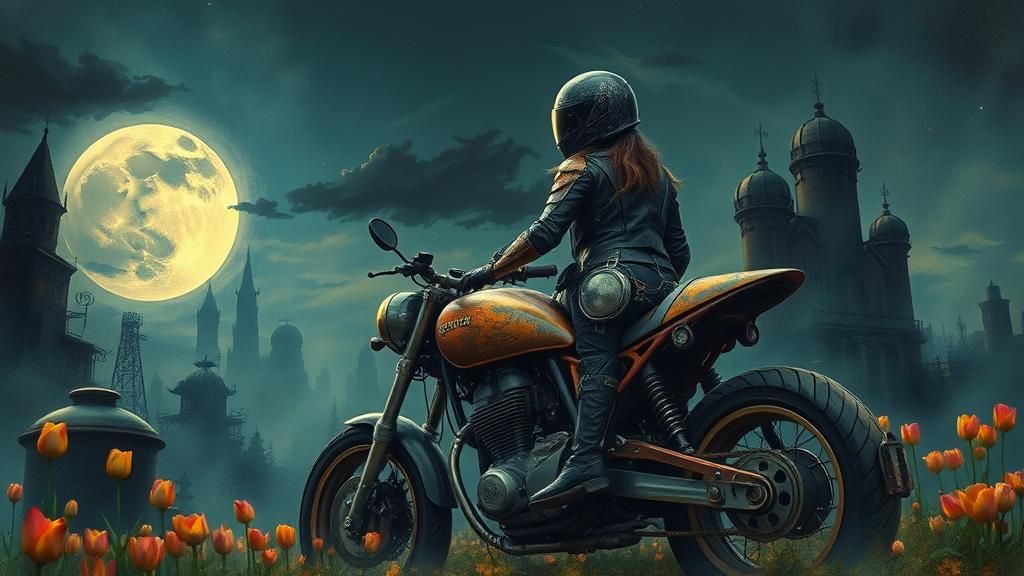 Steampunk Rocker Rides in Gothic Cityscape