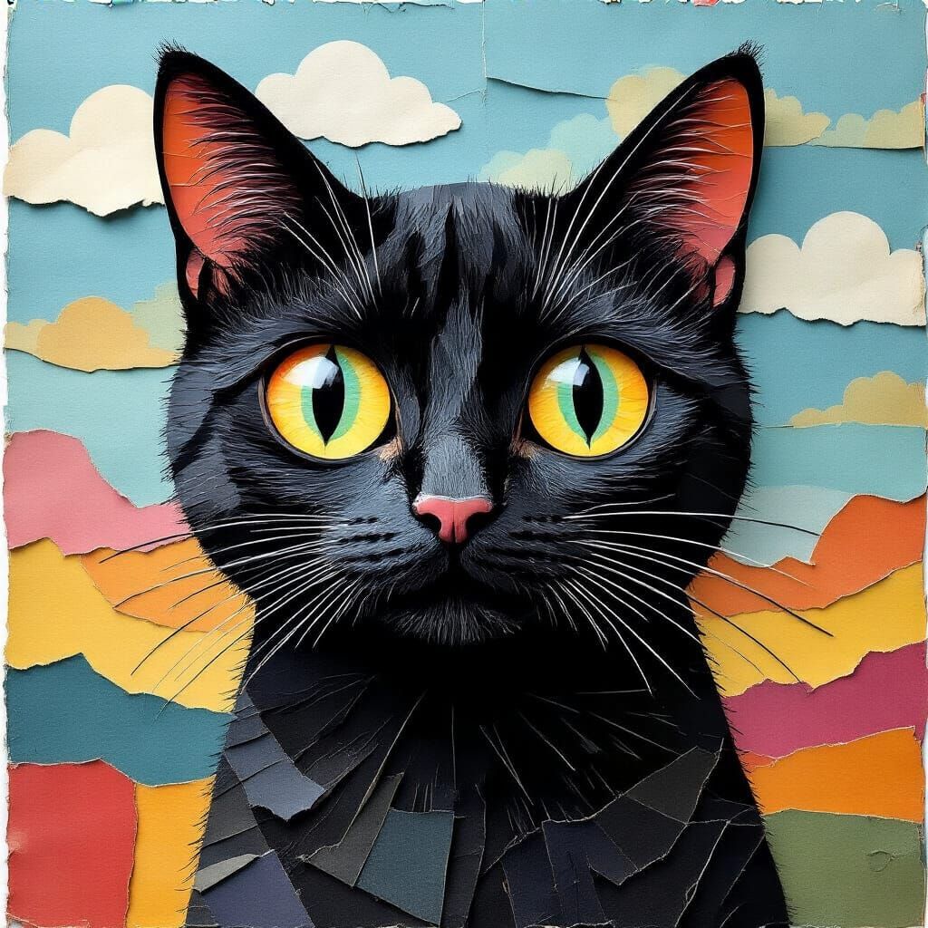 Black Cat Collage with Vibrant Paper Textures