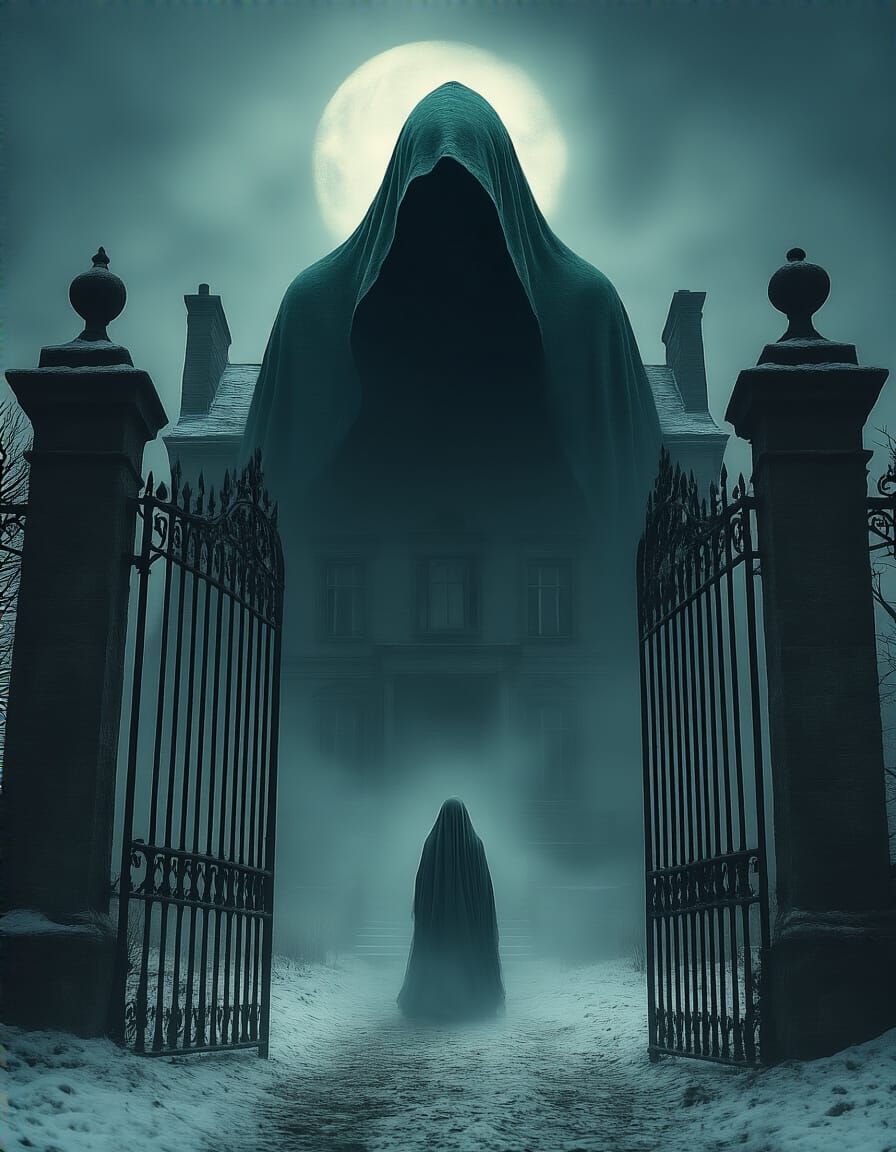 Hooded Sandman Towers Over Abandoned Mansion