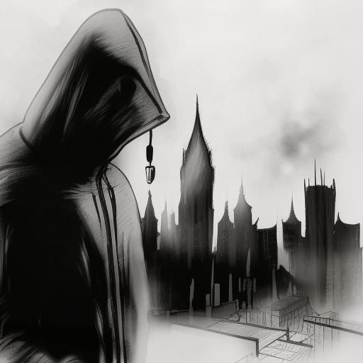 Mysterious Hooded Figure in Black Ink Sketch