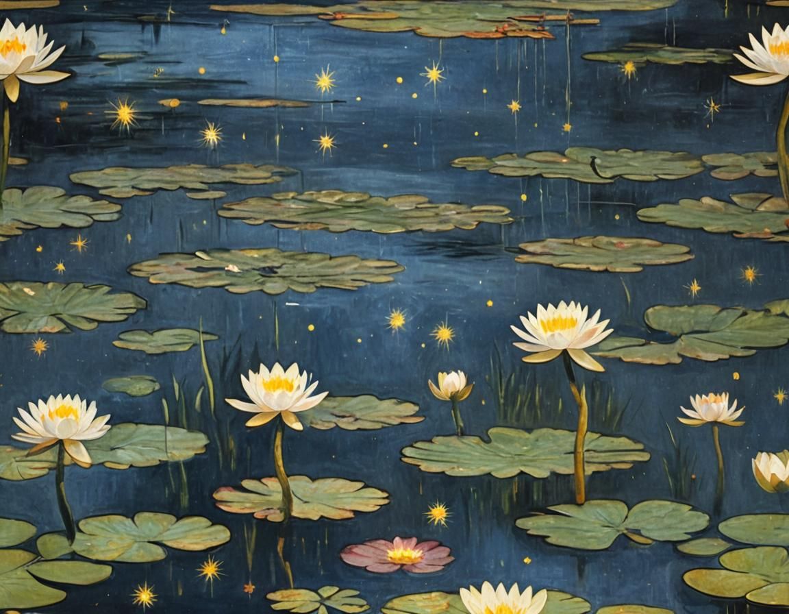 Water Lilies Under Starry Night in Renaissance Style