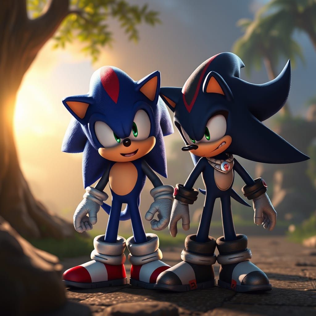 Sonic and Shadow in a Futuristic Cityscape