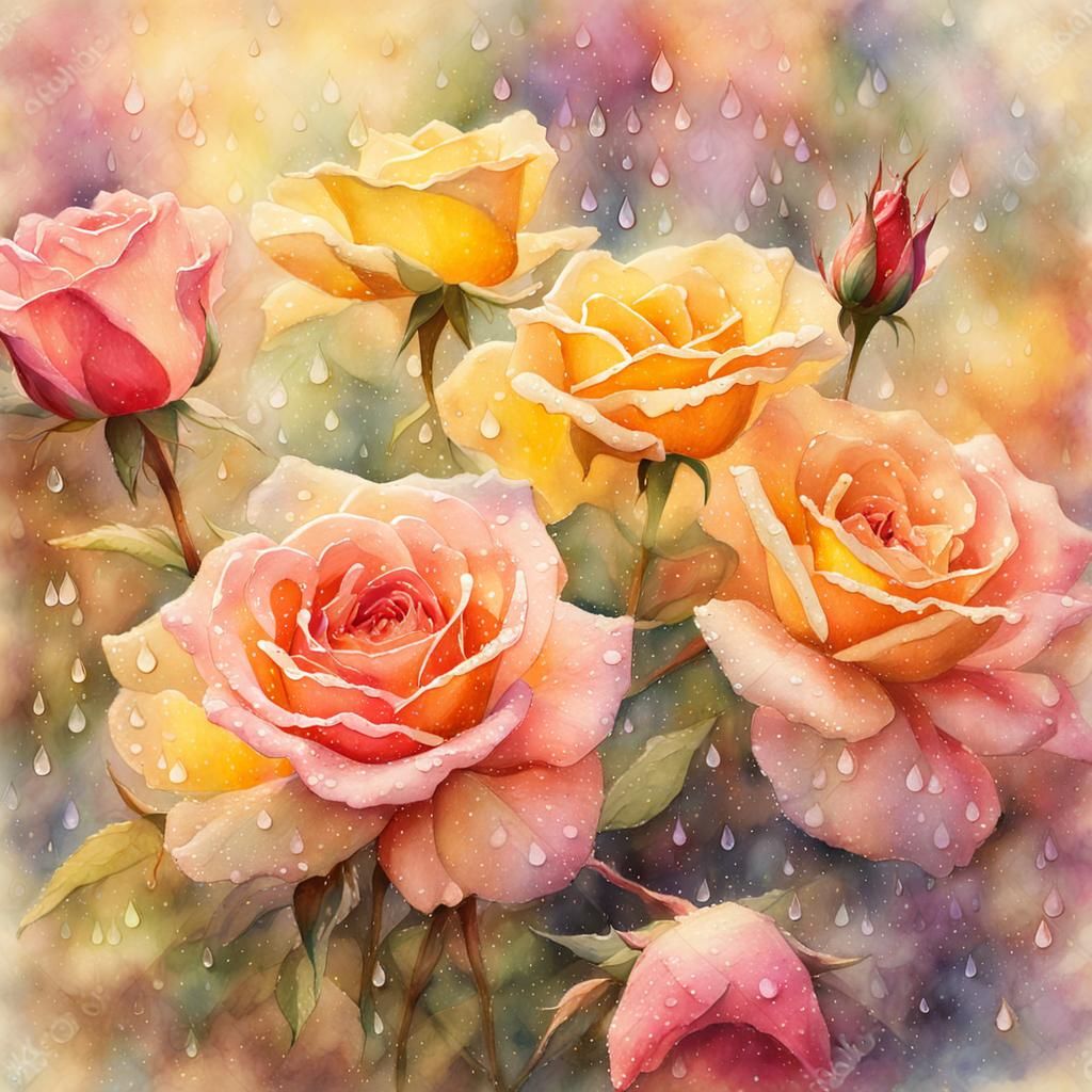 Raindrops on Roses in Impressionist Watercolor