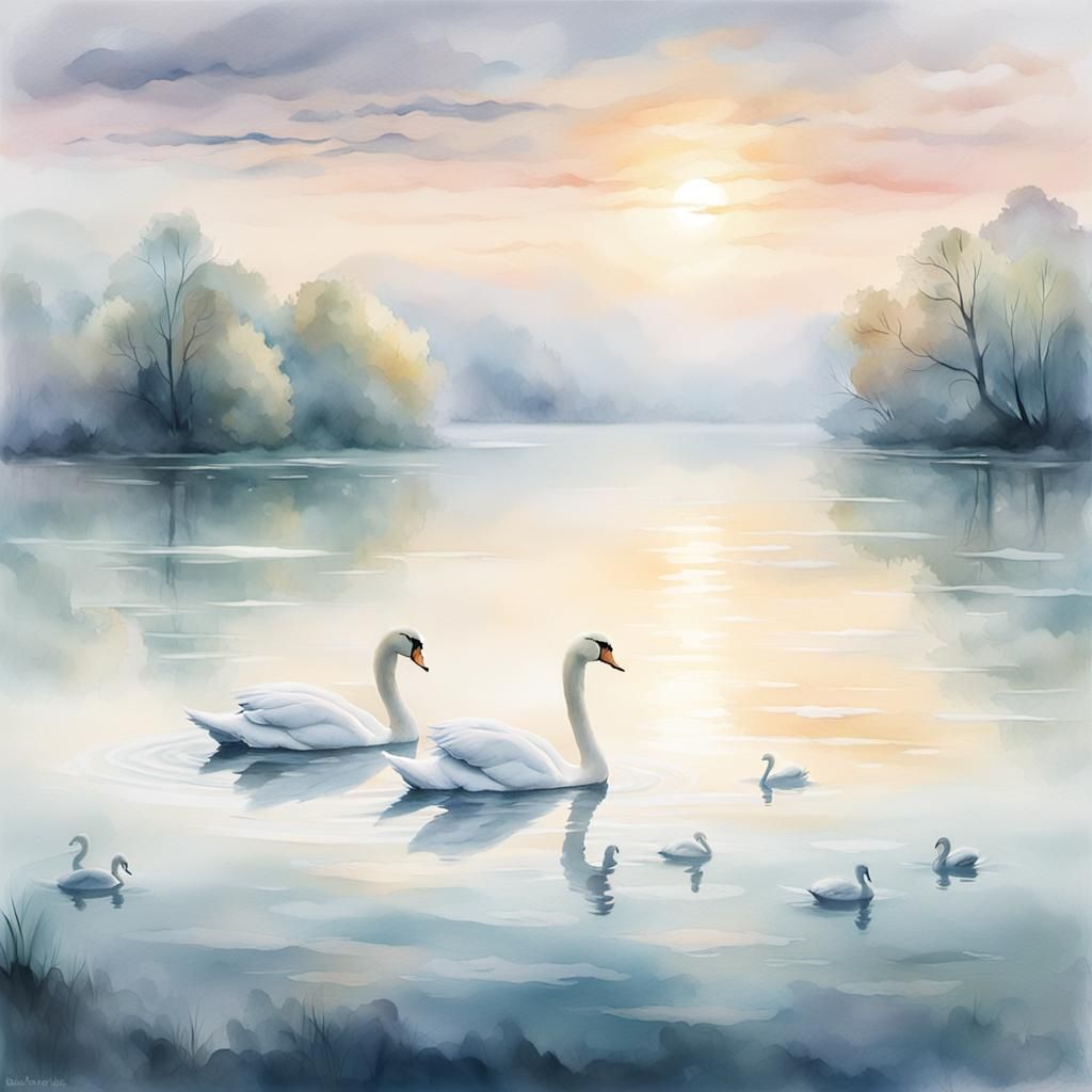 Swans on Misty Lake: Impressionist Watercolor