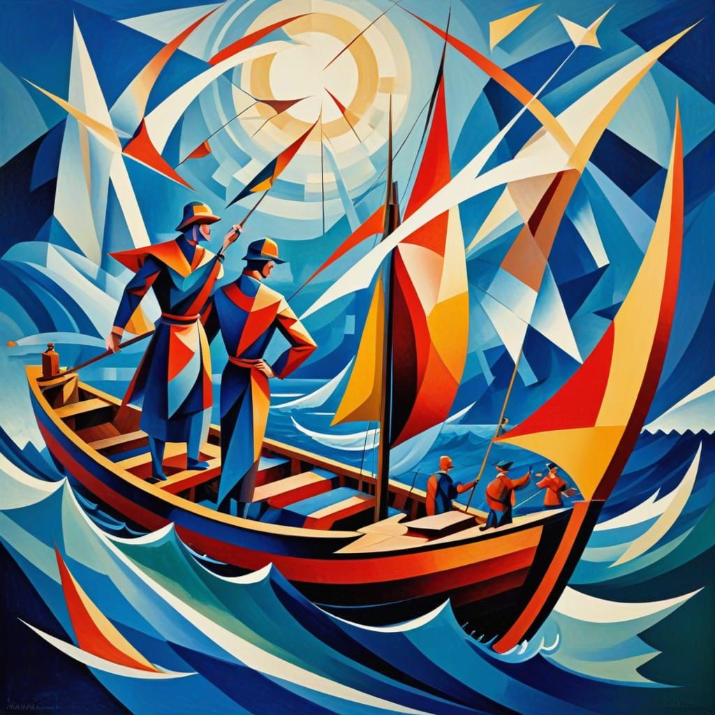 Fishermen at Sea in Mannerist Abstract Cubism Style