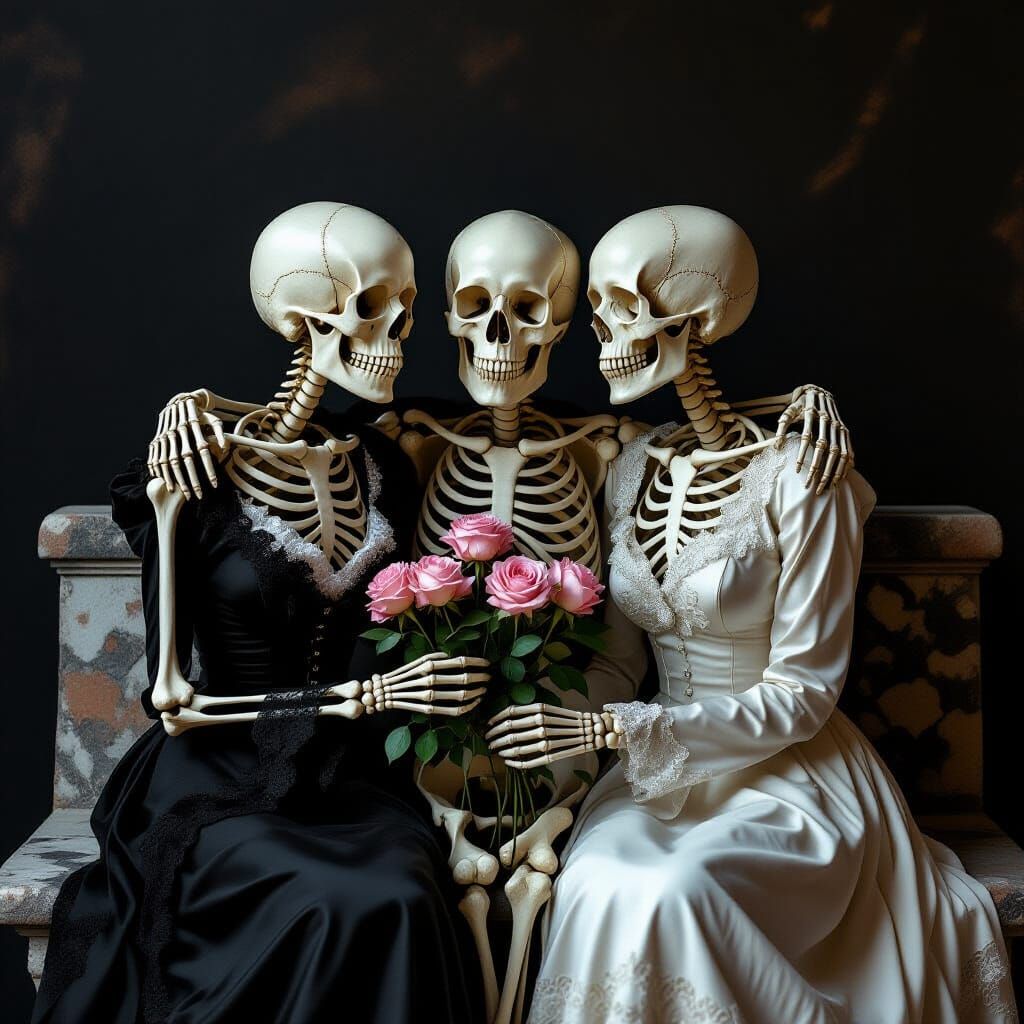 Skeletons on Bench with Roses in Chiaroscuro Style