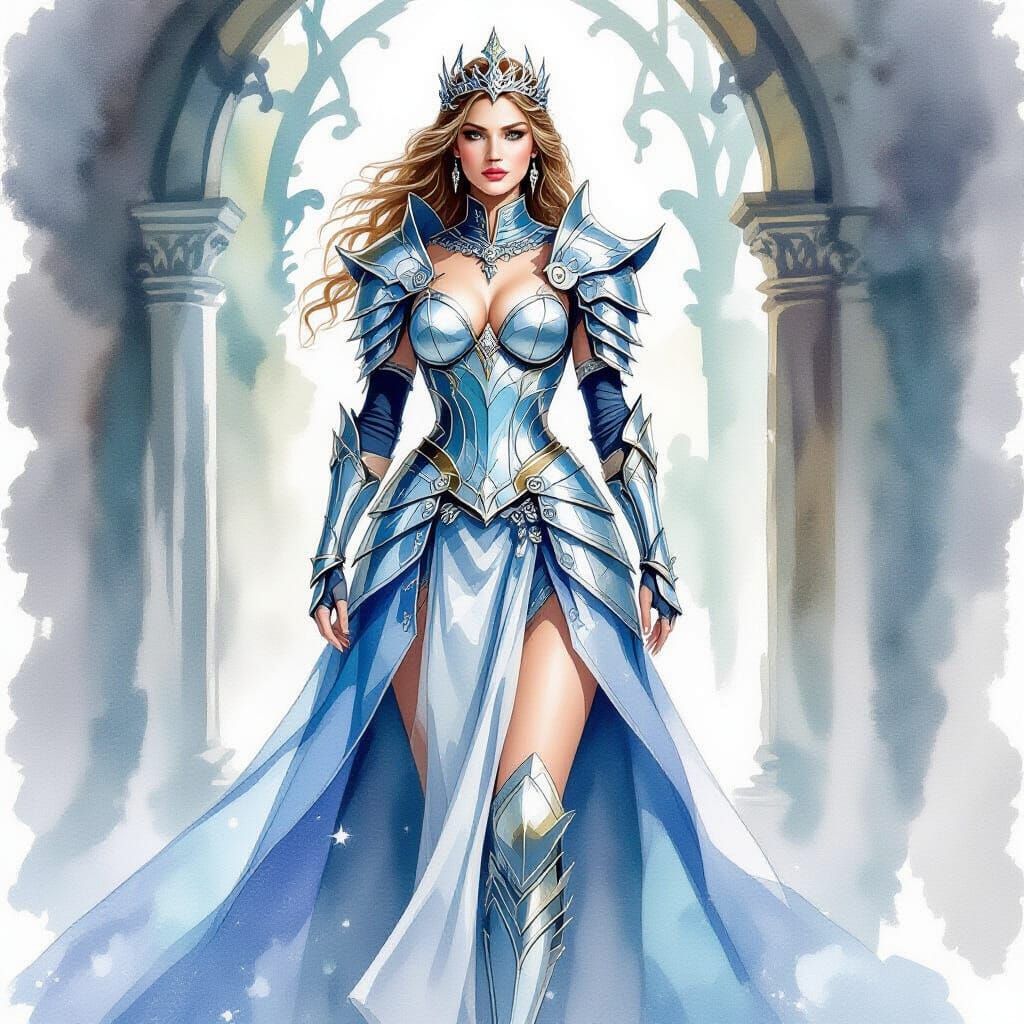 Fantasy Queen in Glass Armor, Watercolor Art