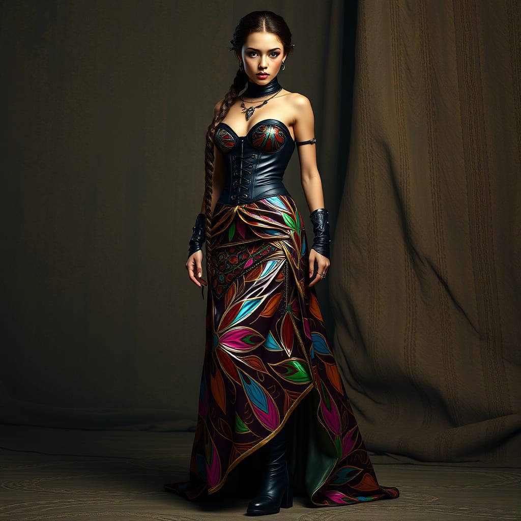 Ethereal Goddess in Latex Regalia Amidst Ancient Ruins