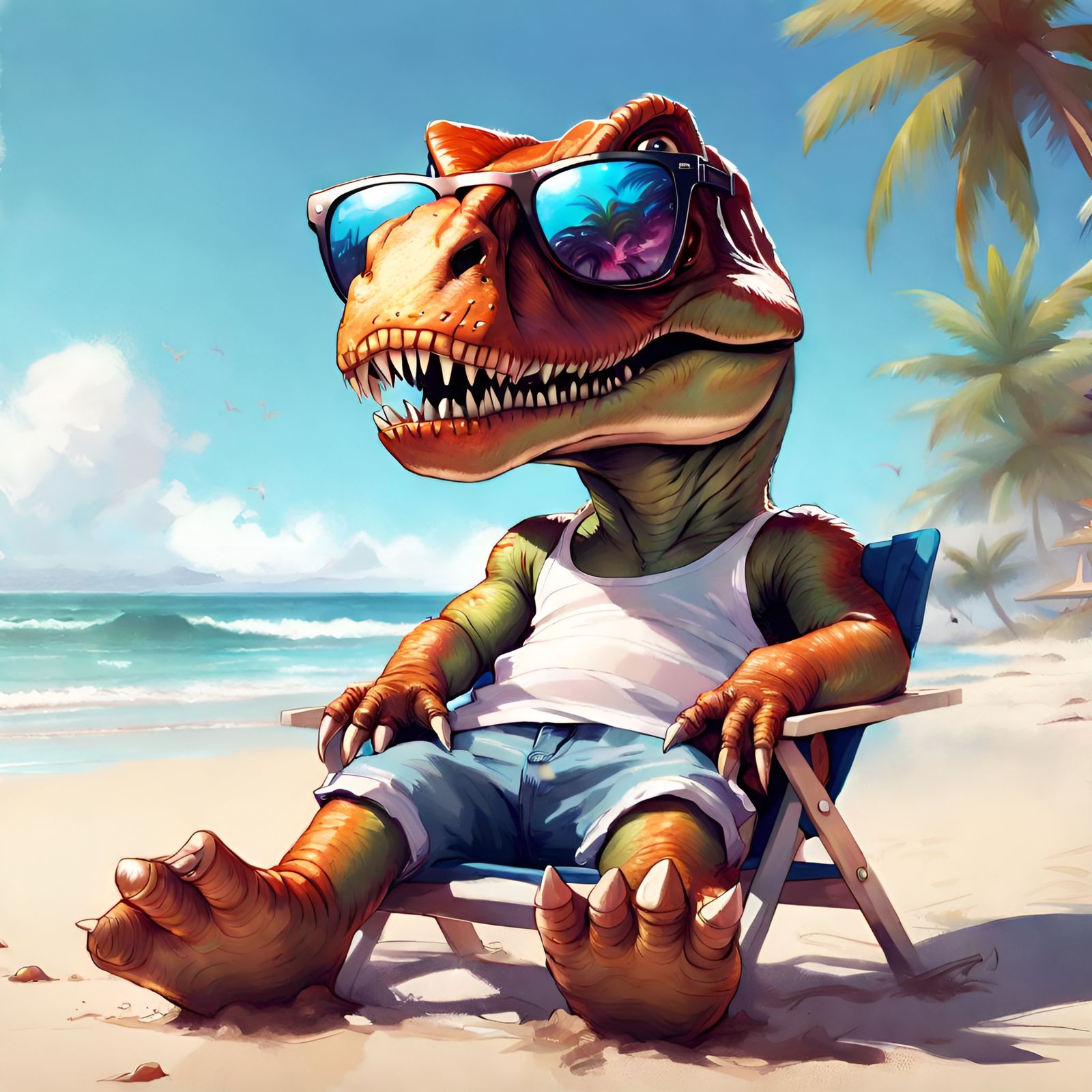 Cartoon T-Rex on the Beach, Pixar-style