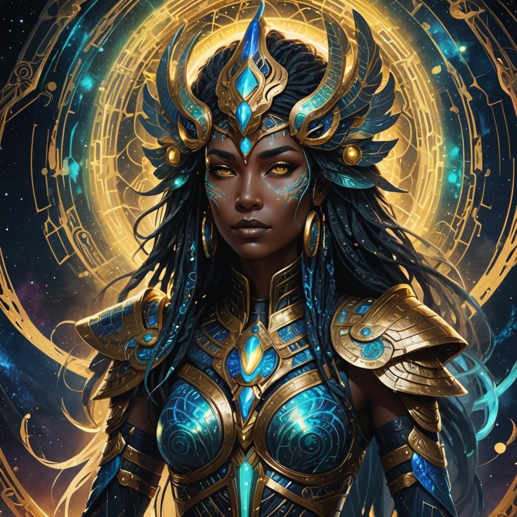 Armored Alien Goddess in Mystical Aurora