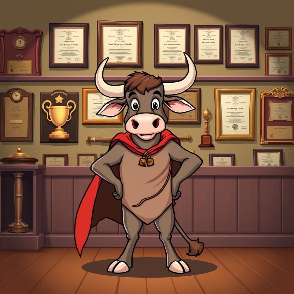 Bull in a Red Cape Smiles at the Viewer