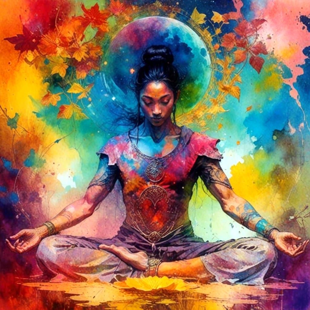Vibrant Impressionist Portrait of a Yogi in Lotus Pose Under...