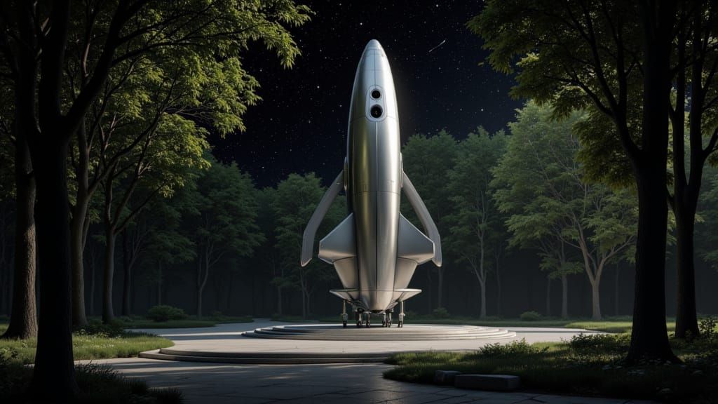 Sleek Silver Spaceship on Concrete Pad at Night
