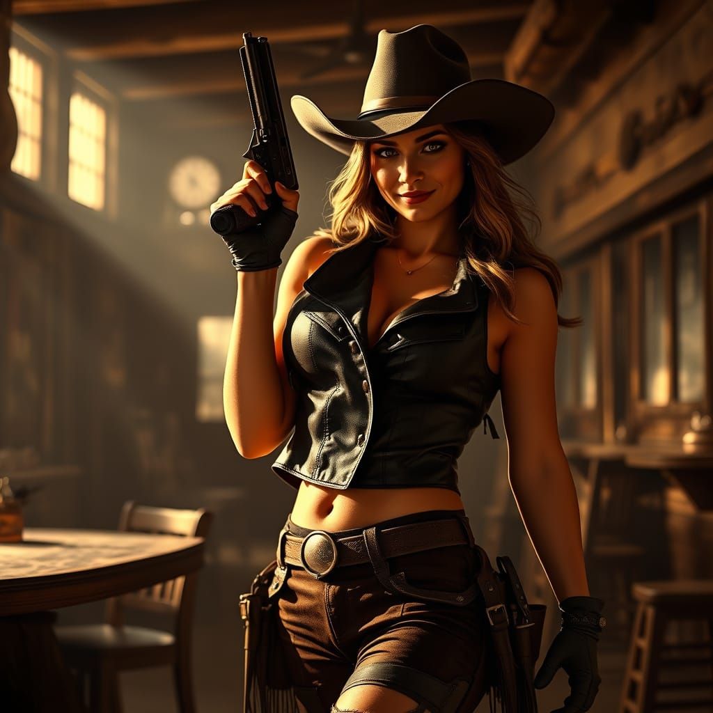 Wild West Pin-Up Gunslinger in Saloon