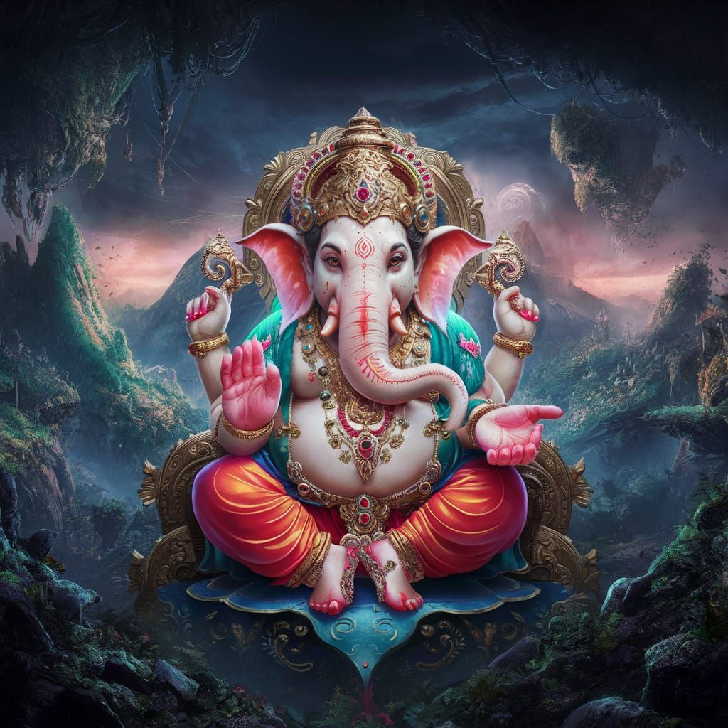 Mystical Lord Ganesha in Vibrant Fantasy Landscape
