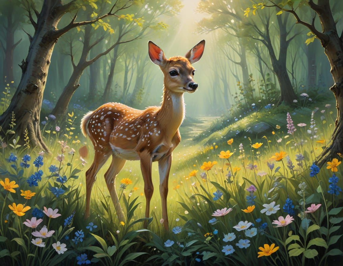 Lush Meadow with Fawn in Impasto Style