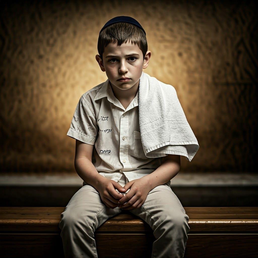 Expressive Portrait of a Young Hasidic Boy in Traditional At...