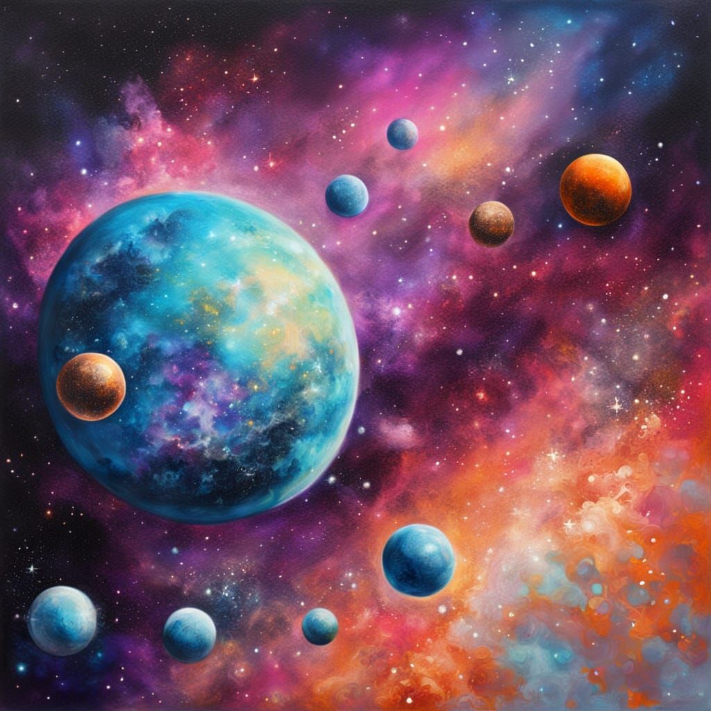 Galactic Oil Painting with Frozen Bronze Planets
