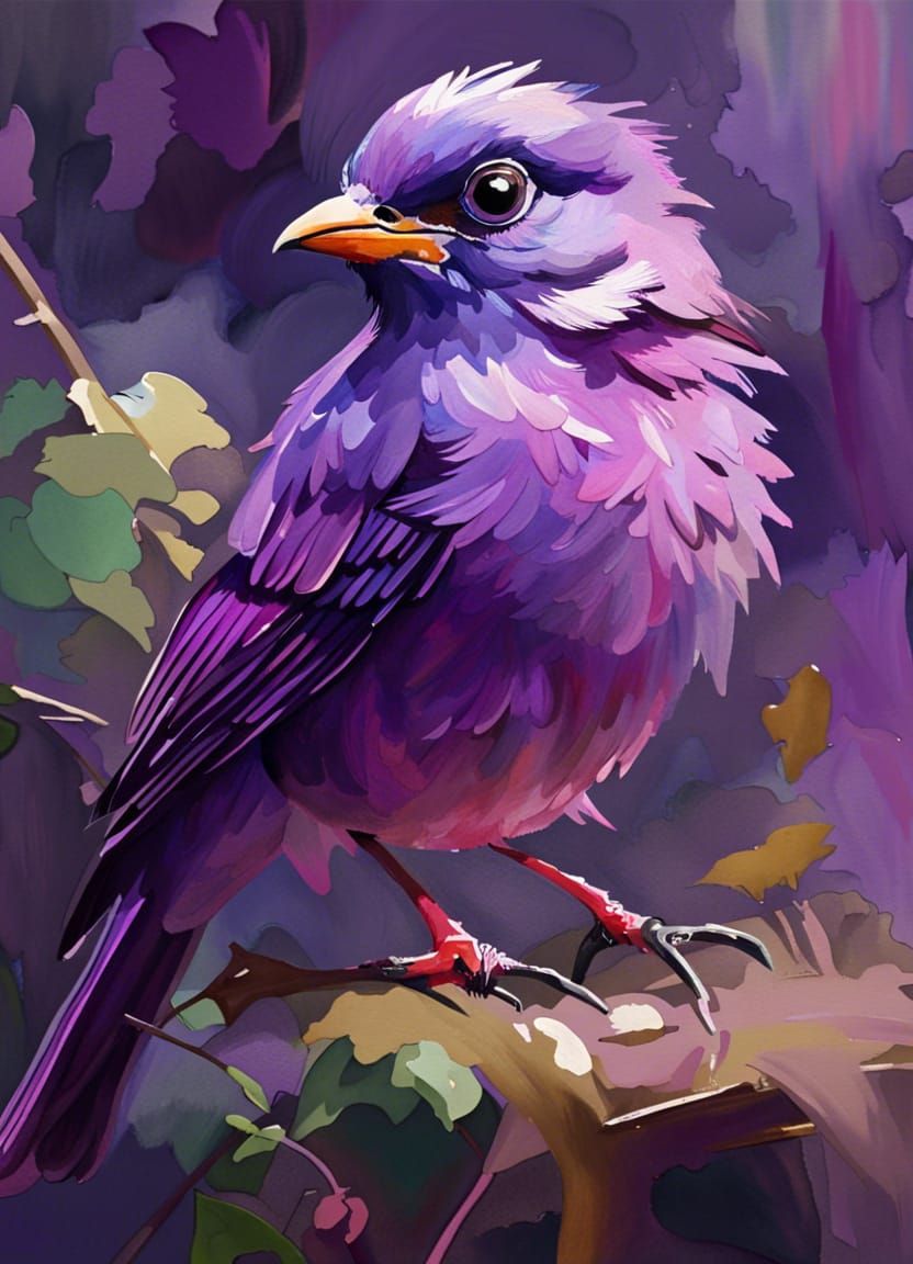 Beautiful Purple Bird in Gouache Watercolor Style