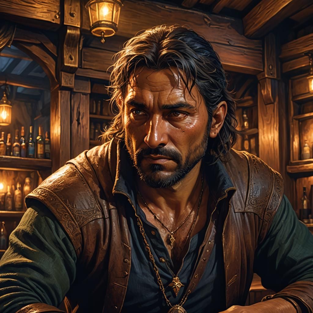 Rugged Man in Medieval Bar, Fantasy Concept Art