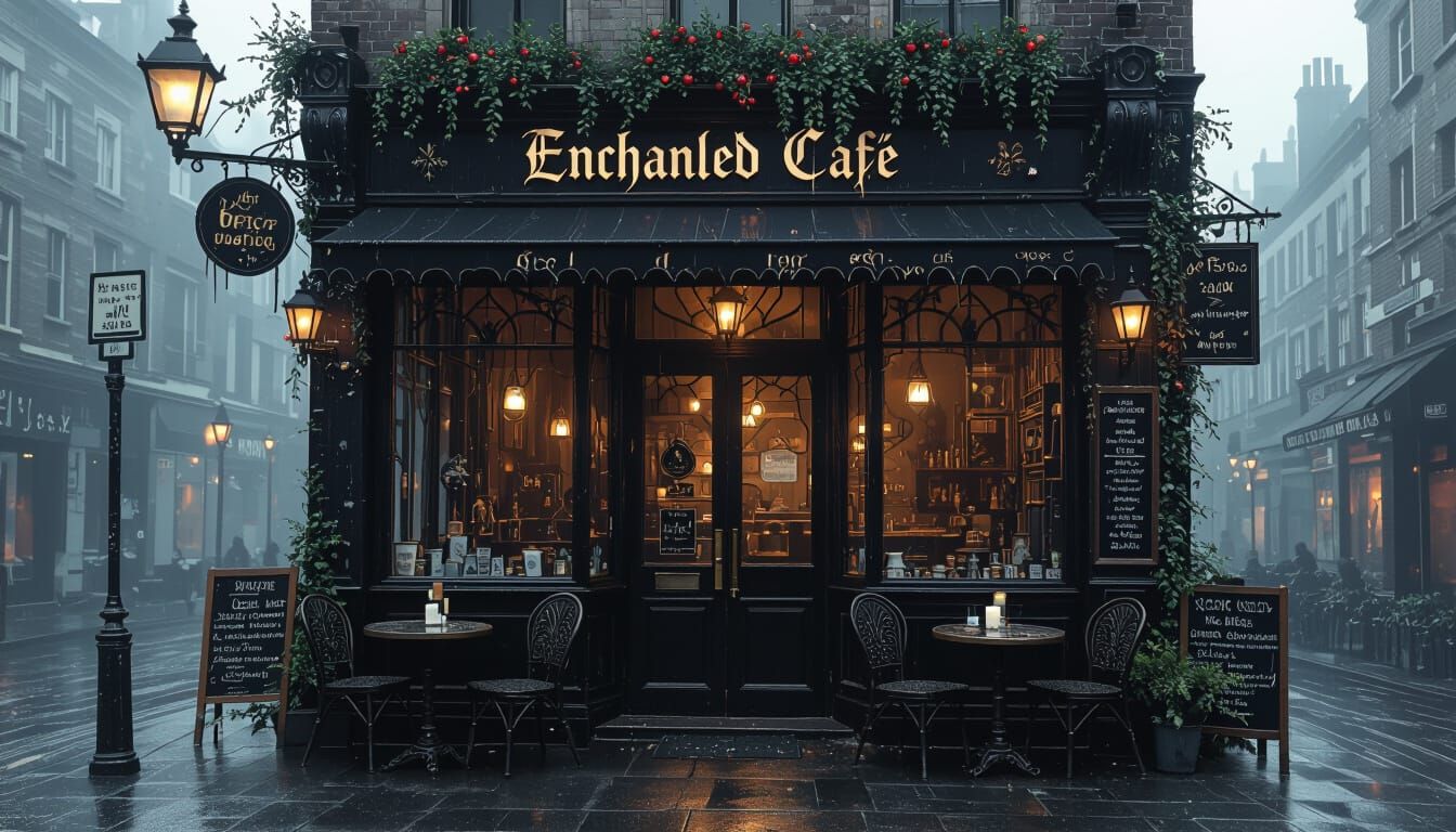 Gothic Enchanted Cafe in Dark, Silver Art Style