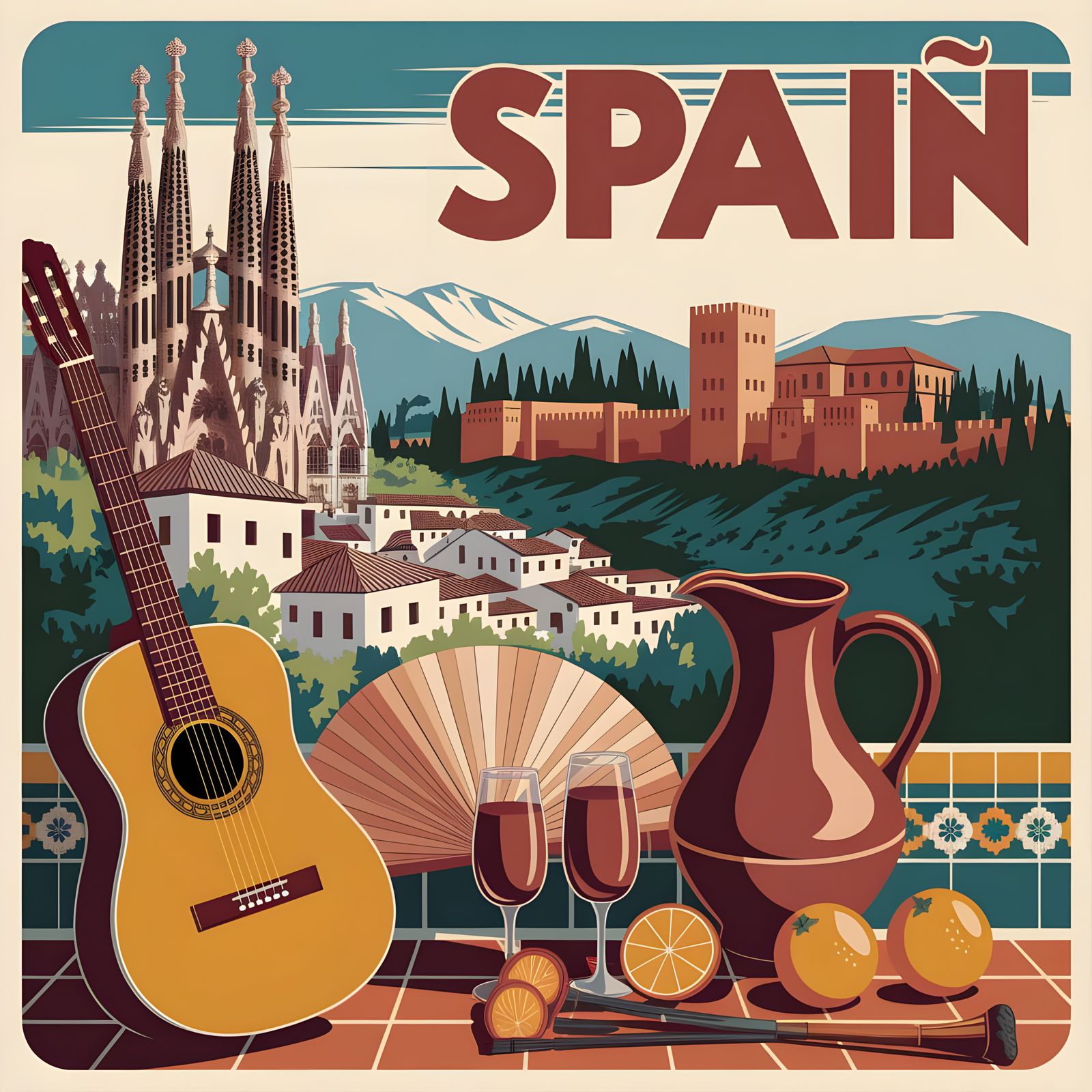 Vintage Spain Travel Poster with Landmarks and Cultural Moti...