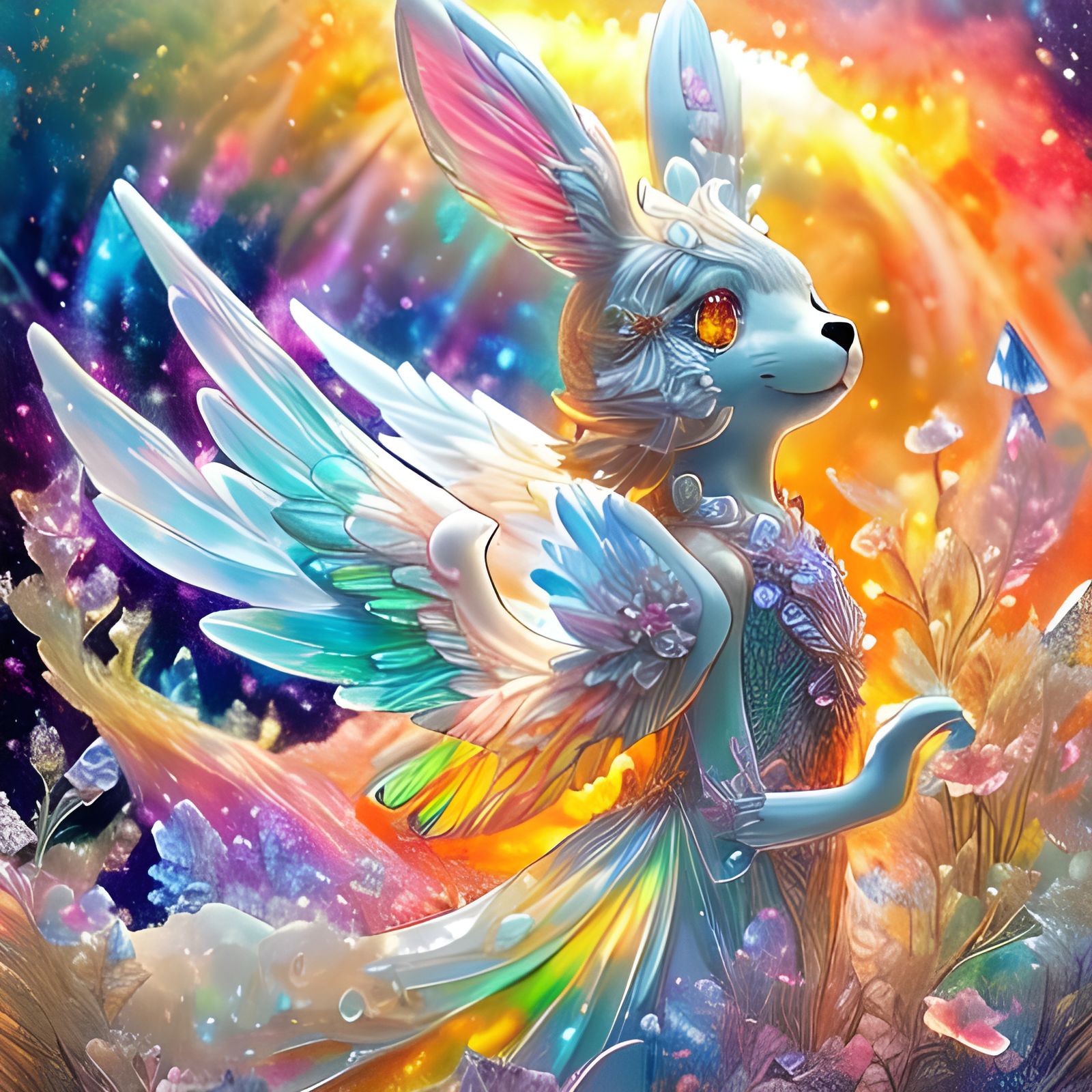 Fluffy Pink Bunny and Winged Kitty in Pearlescent Light