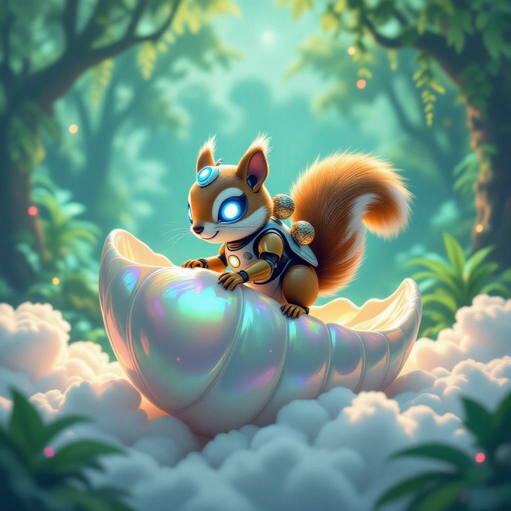 Robot Squirrel Climbs Giant Iridescent Seashell in Dreamlike...