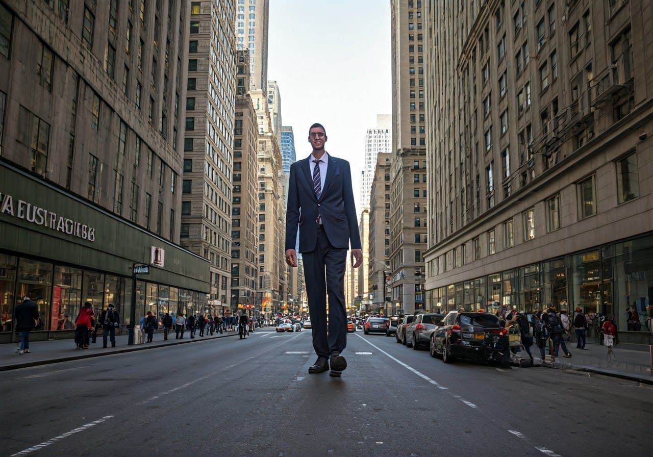 Giant Person Walking in Crowded New York Street