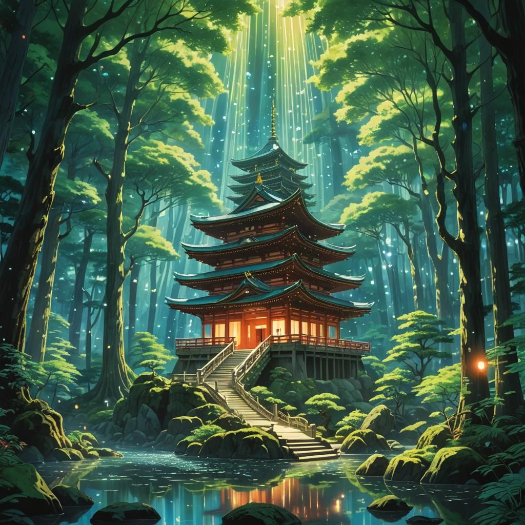 Luminous Crystal Forest Temple in Miyazaki Style