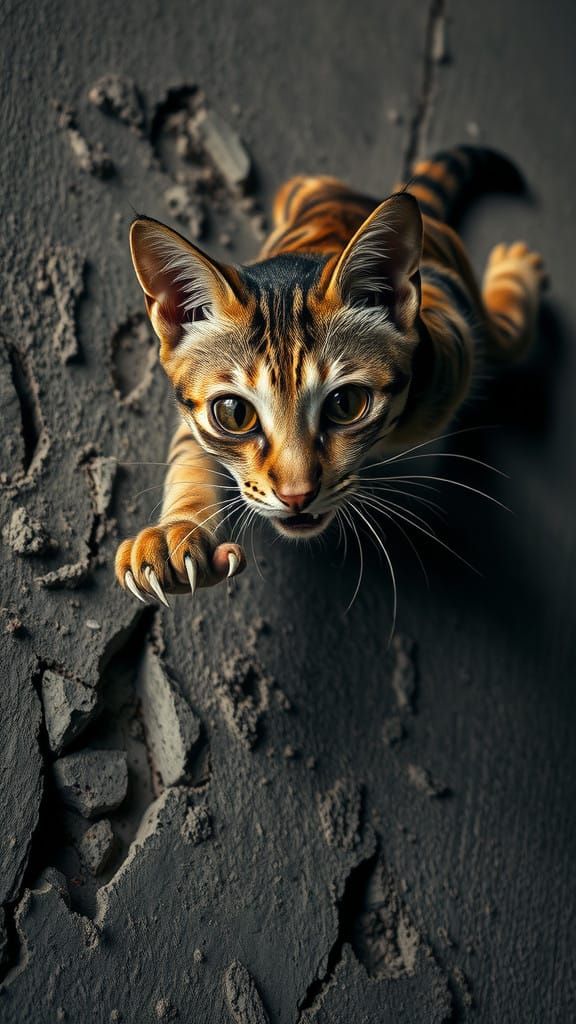 Frenzied Feline Slides Down Concrete Wall in Cinematic Film...